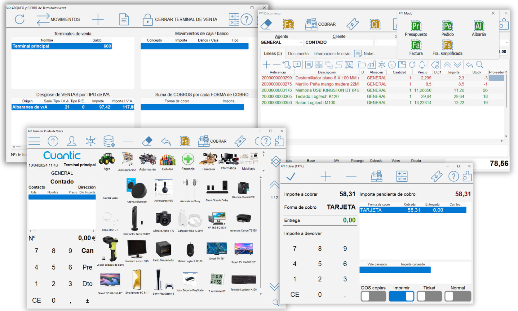 Módulo Terminal de punto de venta (TPV) Dual (TÁCTIL + CDB) del software Cuantic